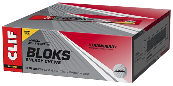 Clif Bloks Strawberry doos 18x60 gram of los per strip.